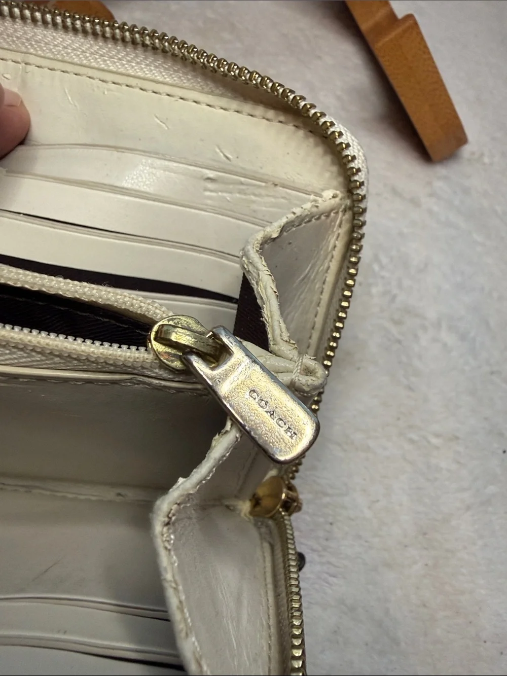 Coach Tan Signature Zip Wallet with Logo Plaque
